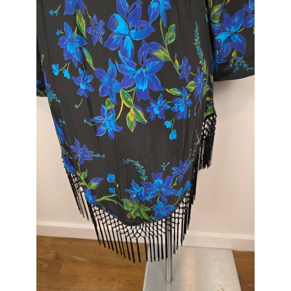 Maggie Sweet Black Blue Floral Tassel Drape Neck 3/4 Sleeve Tunic Top Large - Picture 6 of 7